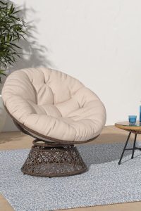 "Bme 40-inch wicker Papasan chair with ergonomic design, sepia sand thick cushion, 360-degree swivel base, and sturdy brown steel frame – perfect for living room or lounge"