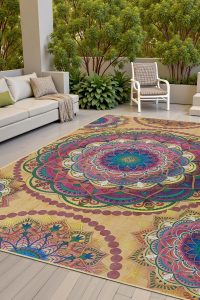 Boho-style 5x8 ft mandala rug used for yoga and meditation on a patio with plants and cushions