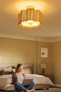 Boho rattan chandelier with golden plum blossom design, Silk Road-inspired flush mount ceiling light for bedroom or dining room décor