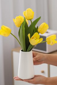 "Minimalist 6-inch white ceramic vase styled with pampas grass on a modern farmhouse table in a neutral-toned living room."