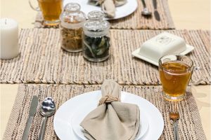 Set of 4 CHARDIN HOME 13x19 inch ombre brown placemats made from natural jute, rustic handmade design perfect for holiday dining and everyday table settings