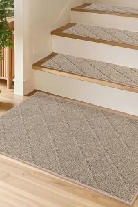Beige non-slip corner stair landing rug by COSY HOMEER – 20"x32" polyester mat with TPE backing for indoor wooden steps, safe for kids and dogs