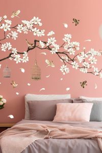 "Removable Chinese style wall sticker featuring black tree, white flowers, and flying birds – 50x74 inch mural for home or office wall decor"