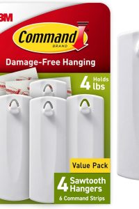 "Command Sawtooth Picture Hangers – White Damage-Free Wall Hooks for Hanging Sawtooth Frames – Includes 4 Hangers and 8 Command Strips"