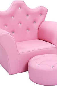 "Pink Costzon kids sofa with matching ottoman, princess-style design with diamond decoration and smooth PVC leather finish"