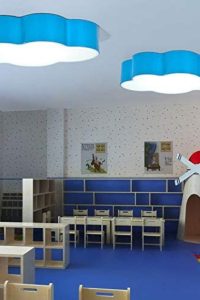 "CraftThink blue acrylic cloud LED ceiling lamp installed in a kindergarten cartoon-themed children’s bedroom"