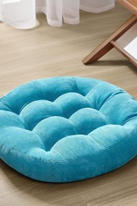 Round turquoise 22-inch meditation floor pillow with tufted corduroy fabric, thick cushioning, ideal for adult seating, living rooms, or tatami mats.