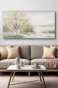 Green wall art canvas featuring a spring forest nature landscape, botanical scene printed on 20x40 inch canvas – perfect for living room, bedroom, or office wall décor.