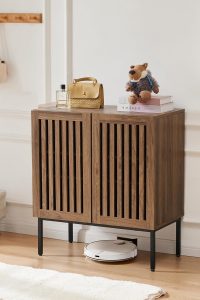 Grille walnut buffet cabinet with 2 doors, metal base, and adjustable shelf – perfect for kitchen, dining room, coffee bar, or hallway use