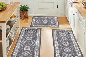 "HEBE 3-piece boho kitchen rug set with runner – non-slip, washable mats featuring soft, thick fabric in tribal design, perfect for kitchen, hallway, or laundry room."