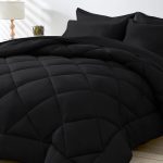 HEVUMYI 7-piece black queen comforter set with sheets and pillows on modern bed