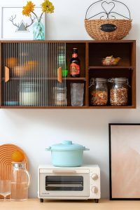 HollyHOME bamboo wall-mounted kitchen sideboard with sliding glass doors and side shelf, walnut finish, ideal for dishes, bottles, and dining storage