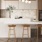 Homary extendable kitchen island with marble-pattern countertop, seating, storage drawers, and cabinet doors – 81 to 106 inches