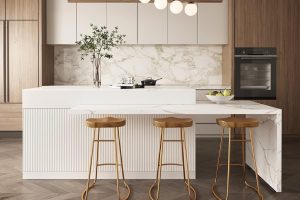 Homary extendable kitchen island with marble-pattern countertop, seating, storage drawers, and cabinet doors – 81 to 106 inches