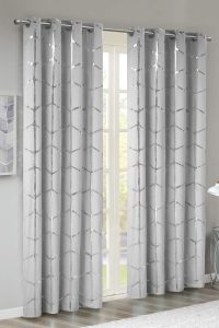 Grey and silver metallic print blackout curtain panel with grommet top, thermal insulated, 50x84 inches, ideal for bedroom, living room, or dorm