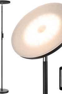 "JOOFO LED torchiere floor lamp in black with remote and touch controls"