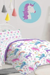 “Jay Franco Unicorn Rainbow twin bed comforter and sheet set for kids”“4 piece microfiber unicorn bedding set with rainbow design”