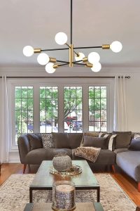 KAISITE 8-Light Modern Sputnik Chandelier – Black and Gold Adjustable Mid-Century Ceiling Light Fixture for Living Room, Dining Room, Kitchen, or Bedroom