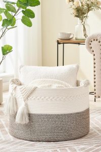"KAKAMAY large 20x13 woven cotton rope basket in white and beige – soft yet sturdy storage for blankets, laundry, baby toys, or pillows in nursery or living room"