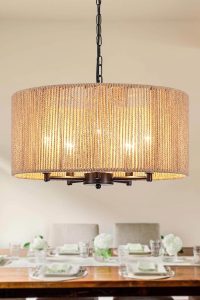 "Boho drum chandelier with 5 lights and woven design by LASENCHOO""19-inch hanging pendant light for dining room or kitchen"