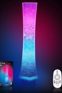 "LEONC smart RGB floor lamp with 16 million colors and remote control in a modern living room"