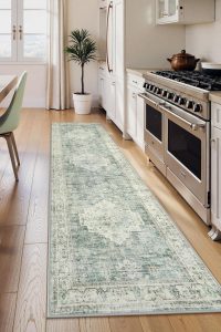 “LIVEBOX sage green 2.5x8 washable runner rug on hardwood floor”“Boho-style non-slip hallway rug in laundry room setting”