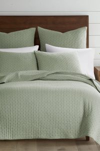 Levtex Home Desert Sage quilt set featuring a reversible cross stitch design in soft sage green, includes full/queen quilt (88x92in) and two standard shams (26x20in)