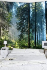 Oversized tapestry curtain featuring a magical morning forest scene, perfect for living room or bedroom wall decor, size 90.5 inches by 70.8 inches