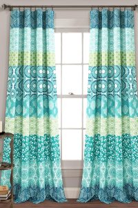 Lush Decor Bohemian stripe curtains in blue and green, 52x108", light-filtering, 2-panel set for bold boho or maximalist room décor.