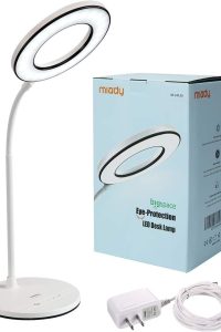 Miady LED desk lamp with touch control, 3 color modes, 4 brightness levels, adapter, and 360° flexible arm for home, office, or study use.