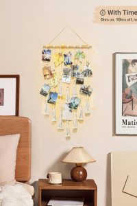 "Ivory macrame photo display with string lights and 30 wood clips, boho-style wall decor for teen girls’ bedroom, dorm, or party decoration"