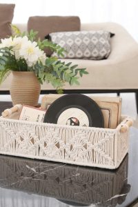 "Set of 2 Mkono ivory macrame storage baskets with boho woven design – handmade decorative organizers for shelf, toilet tank, cabinet, or countertop"
