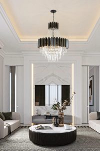 Modern Luxury Black Crystal Chandelier – Large Raindrop Pendant Light for Living Room, Dining Room, or Staircase (Dia 23.23” x H 33.46”)