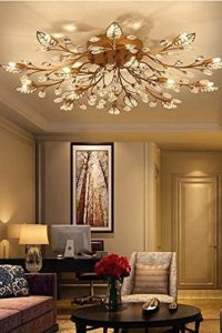 Modern gold 15-light ceiling chandelier with crystal leaf design, semi flush mount lighting for dining room, bedroom, or living room