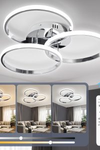 Modern chrome LED ceiling light fixture with remote control, dimmable color temperature range 3000K to 6500K, flush mount design for living room or bedroom