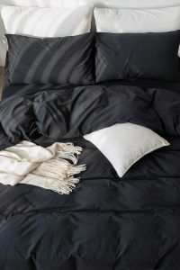 "MooMee black duvet cover set in queen size with soft washed cotton linen-like texture"
