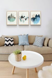 Three-piece large abstract geometric wall art set with natural wood frames, modern and minimalist design perfect for living room, bedroom, or office decor.