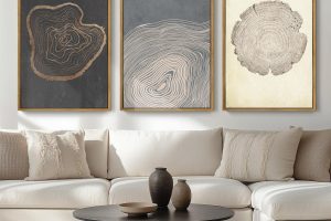 Set of 3 abstract tree ring art prints in black, beige, and gray tones, each 16x24 inches—modern neutral wall decor for living room, bedroom, or dining room