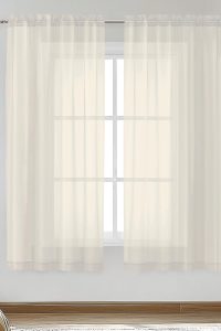 “OVZME cream sheer curtains 63 inches long hanging in living room window”