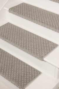 Set of 14 Oak Valley Designs™ rounded bullnose stair treads – Bayside Charm Light Grey, 31" W x 9.75" D anti-slip carpet mats for indoor wood stairs