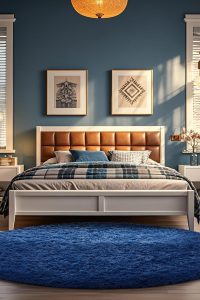 Ophanie 5ft blue round rug with soft shaggy texture placed in a cozy boys bedroom, adding warmth and stylish decor to the nursery or living space.