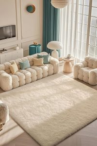 "Ophanie 5x8 ivory fluffy shag rug in cozy bedroom setting""Soft plush cream carpet on living room hardwood floor"