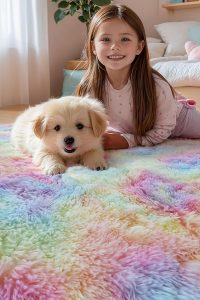 "4x6 pastel rainbow unicorn rug with fluffy shag texture in a girls’ bedroom or nursery playroom"