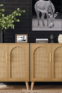 Rovaurx BMGZ108M natural rattan storage cabinet with dual doors, modern floor standing design for bathroom, kitchen, entryway, or living room
