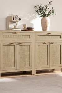 SICOTAS natural rattan sideboard buffet cabinet set of 2 with doors and drawer, boho console table for coffee bar, entryway, or living room use