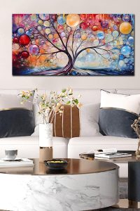 Colorful tree canvas wall art by SIXTTART measuring 20x40 inches displayed in modern living room