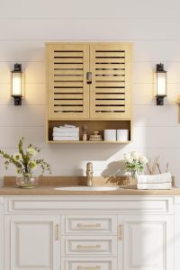 SMIBUY natural bamboo wall-mounted bathroom cabinet with two doors and adjustable interior shelves, over-the-toilet space-saving design