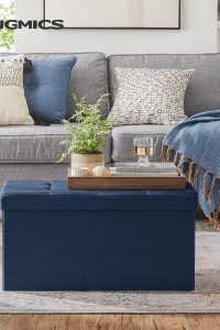 SONGMICS MAZIE 30-Inch Folding Ottoman Bench in Midnight Blue – Storage Chest and Foot Rest for Bedroom, Entryway, or Living Room (Model ULSF47IN)