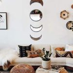"5-piece Scandinavian moon phase wall mirror set in beige acrylic, boho-style decorative mirrors for living room and bedroom"