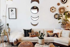 "5-piece Scandinavian moon phase wall mirror set in beige acrylic, boho-style decorative mirrors for living room and bedroom"
